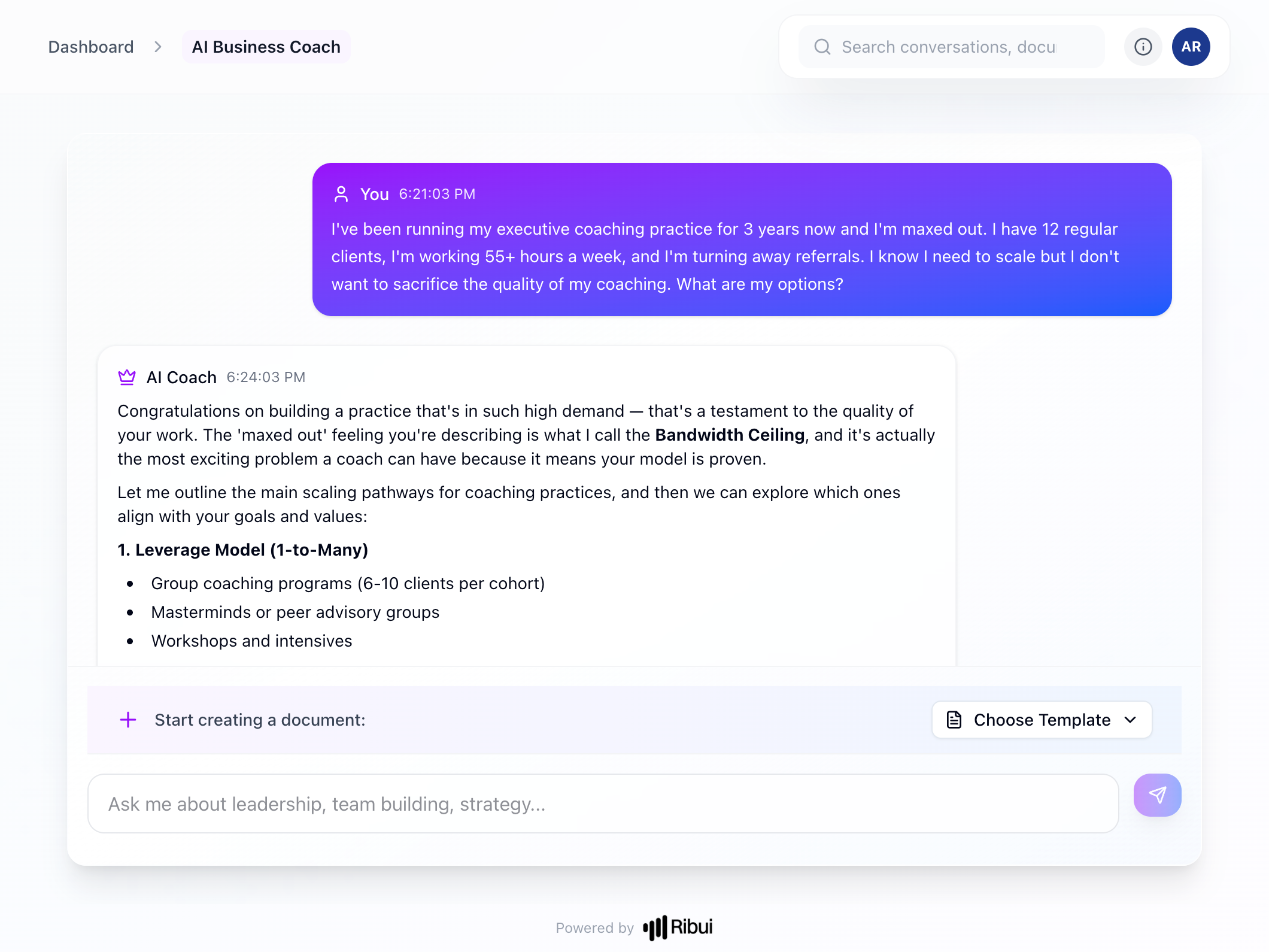 Ribui AI coaching dashboard — personalized coaching conversations powered by your knowledge base