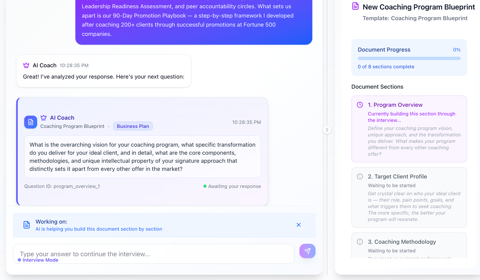 Ribui Guided Documents — AI-powered adaptive interview building a coaching program blueprint section by section