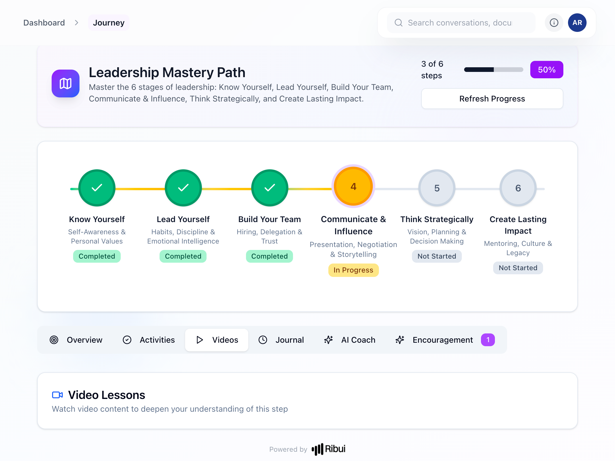 Ribui Journey — structured learning paths with progress tracking and AI coaching