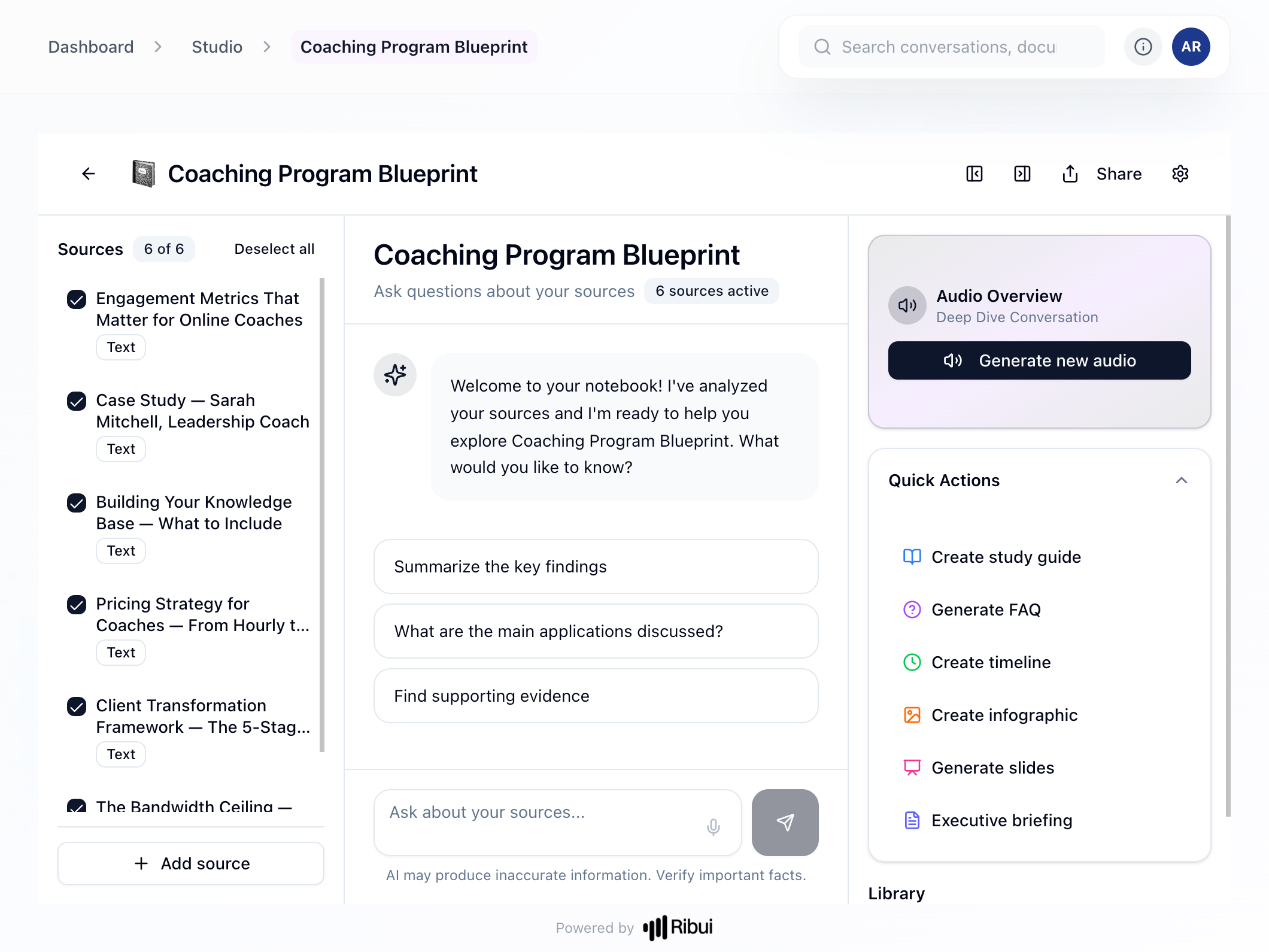 Ribui Workshop — multi-source projects with AI chat and content generation